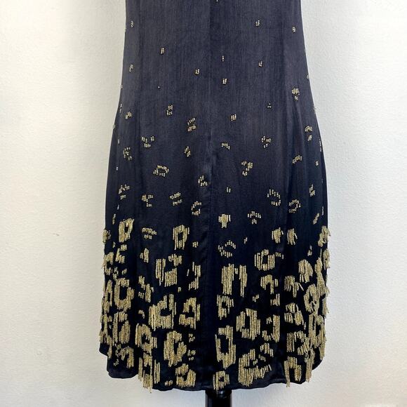 Anthropologie Beaded Halter Dress Black Flapper Gold Sequin Fringe Gatsby Party - Picture 6 of 12